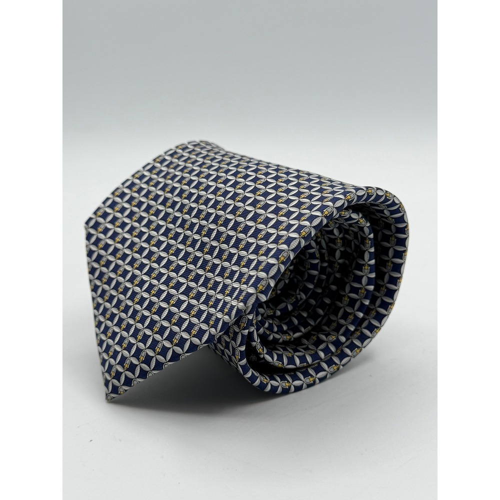 Burberry London Mens Silk Tie Navy Blue Geometric Medallion Made in France
